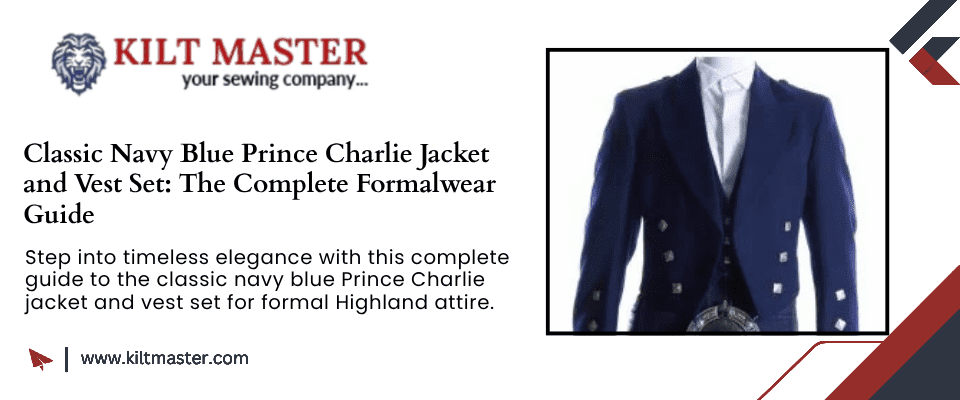Classic navy blue Prince Charlie jacket and vest set styled for formal Scottish Highland wear.