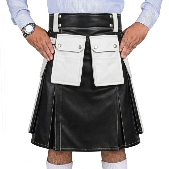 Black and White Leather Utility Kilt with Cargo Pockets