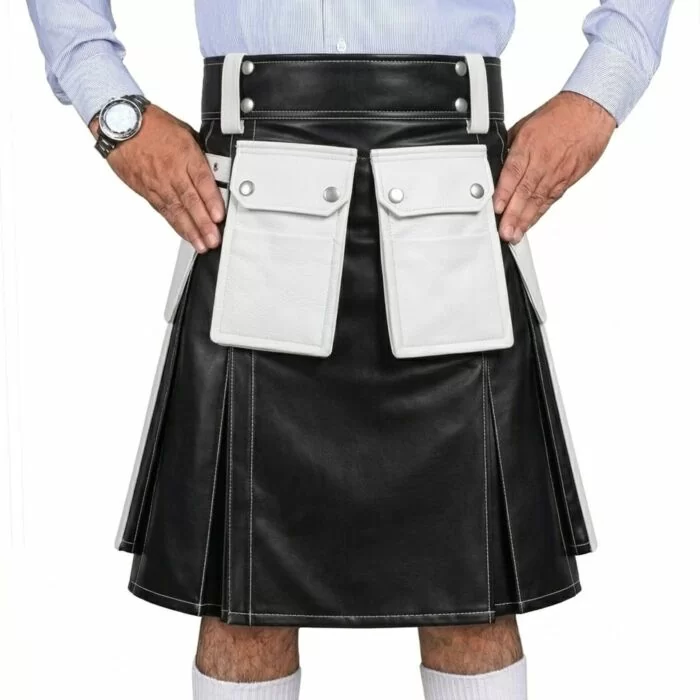 Black and White Leather Utility Kilt with Cargo Pockets