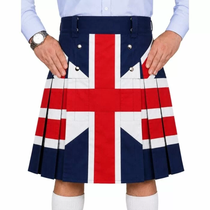 Man wearing british kilt on white background.