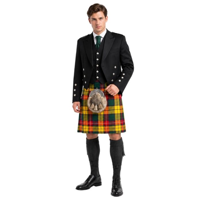 Man wearing buchanan tartan kilt outfit
on white background.