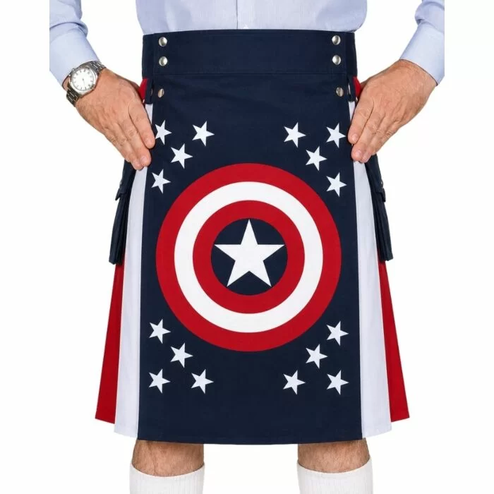 Man wearing captain of america kilt on white background.