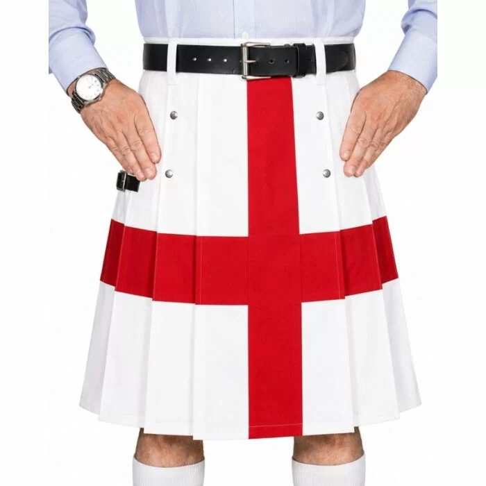 Man wearing english flag kilt on white background.