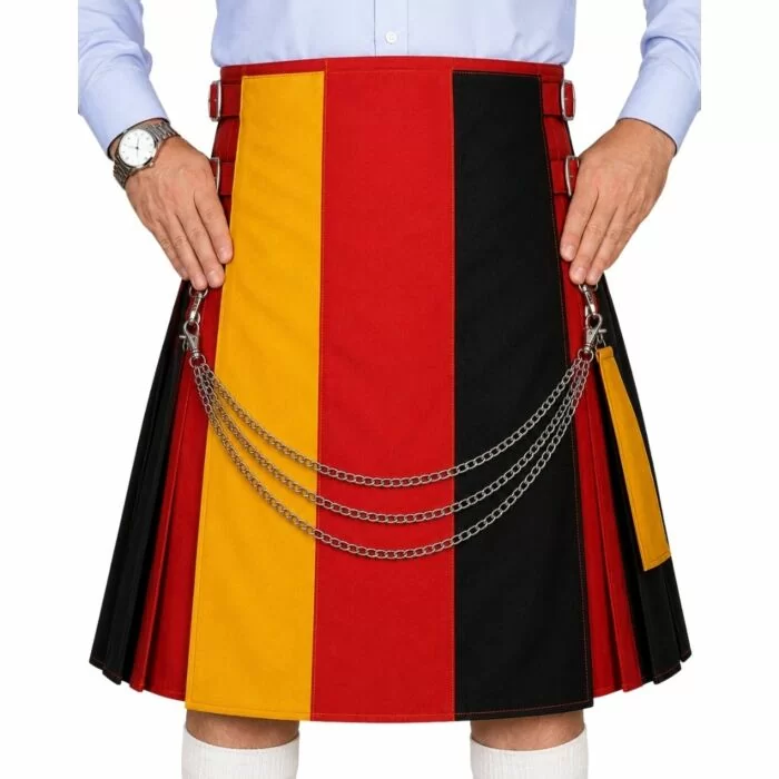 Man wearing german flag kilt on white background.