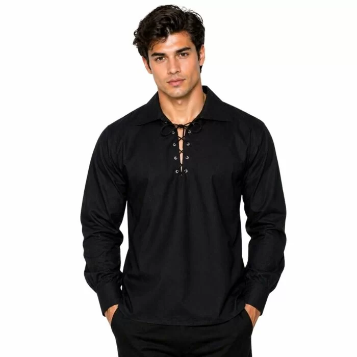 Man wearing Jacobite Ghillie Kilt Shirt Black on white background