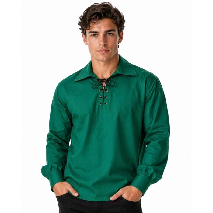 Man wearing Jacobite Ghillie Kilt Shirt Sea Green on white background 