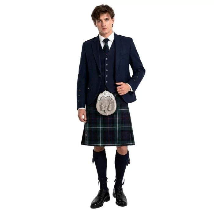Man wearing men argyle outfit on white background.