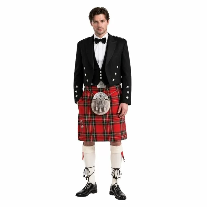 Man wearing prince charlie outfit on white background.