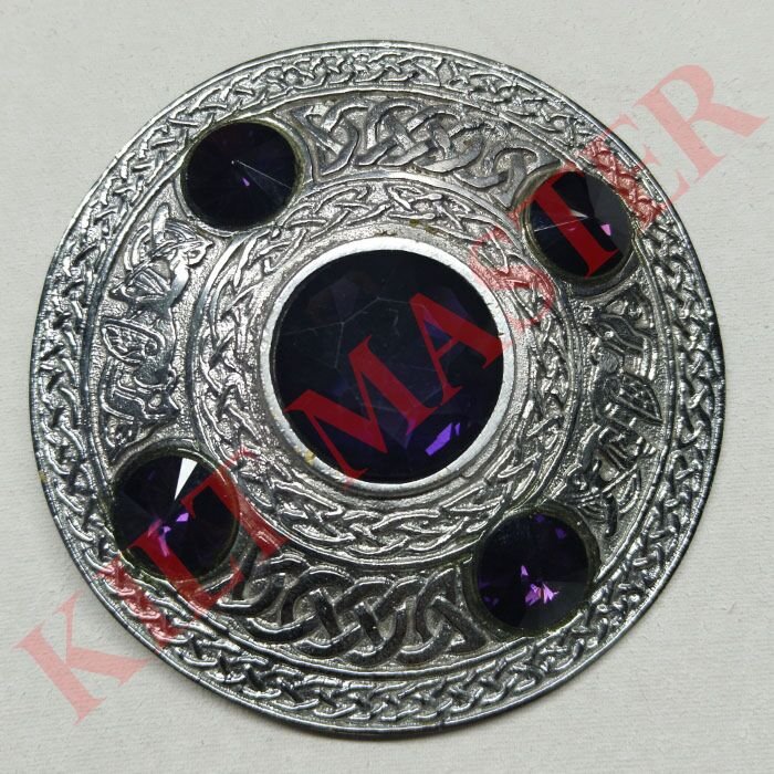 Purple Scottish Celtic Kilt Fly Plaid Brooch 5 Stones