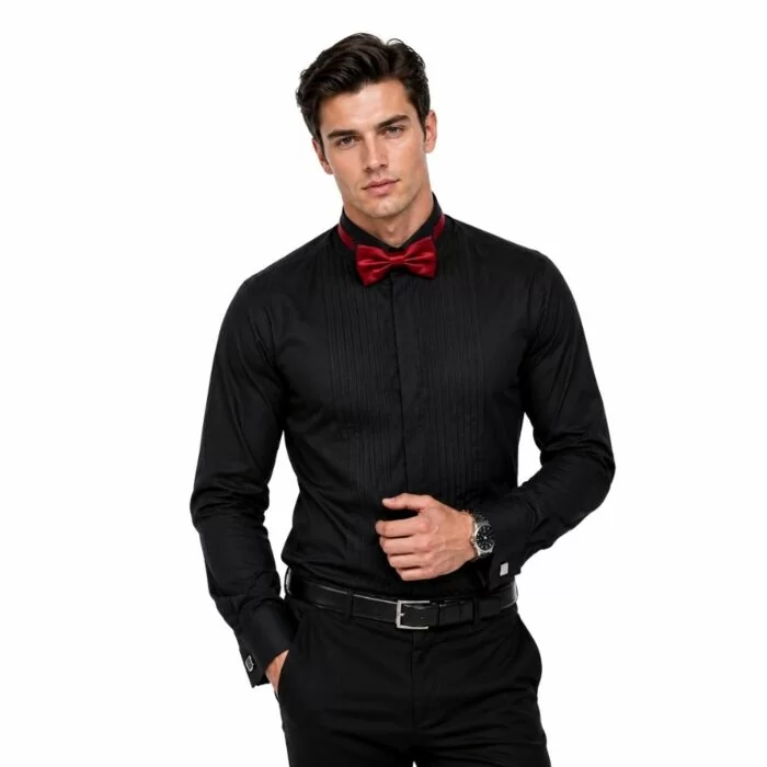 Men wearning black dress shirt with red tie on white background
