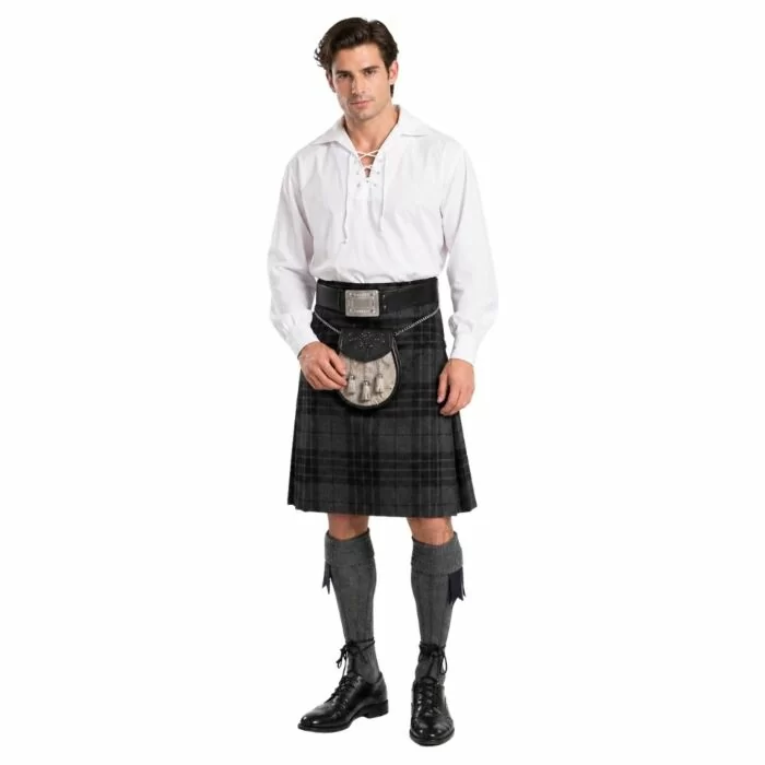 Man wearing white jacobite shirt outfit on white background