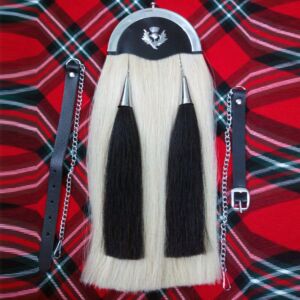 Highland Kilt Sporran Original White & Black Horse Hair Thistle Cantle Jet Black 