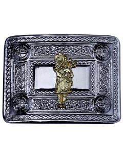 Bagpiper Man Kilt Belt Buckle Chrome with Golden Badge