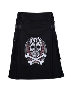 Black Cotton Skull and Bones Gothic Kilt with Leather Straps