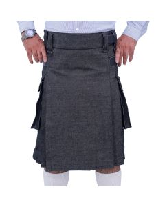 Black Denim Utility Kilt with Leather Straps
