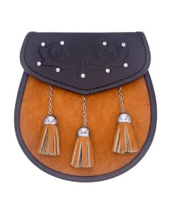 Black Leather Kilt Sporran with Orange Fur Flap Tassels