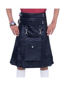 Black Leather Kilt with Detachable Front Pocket for Men