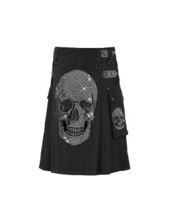 Black Scottish Kilt with Rhinestone Skull Design
