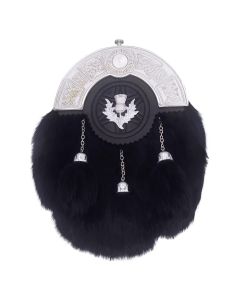 Chrome Cantle Black Rabbit Fur Sporran with Thistle Badge