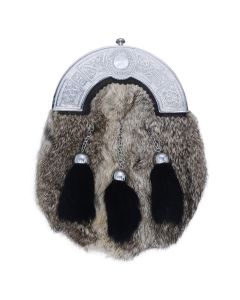 Chrome Cantle Grey Rabbit Fur Sporran with Black Tassels