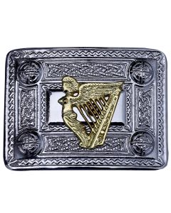 Lady Harp Kilt Belt Buckle Chrome with Golden Badge