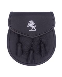 Lion rampant black leather sporran with 3 Tassels 