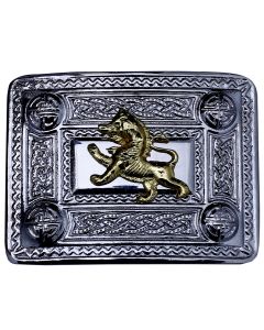 Lion Rampant Kilt Belt Buckle Chrome with Golden Badge