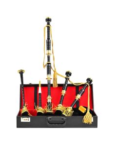 Premium Black Finish Highland Bagpipe with Golden Engraved Mounts