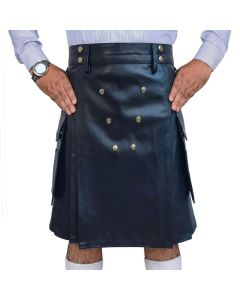 Premium Black Leather Cross Pockets Utility Kilt for Men
