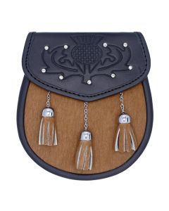 Scottish Black Celtic Embossed Leather Caramel Brown Cowhide Sporran