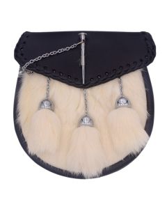 Scottish White Rabbit Fur Leather  Chrome Pin Lock Sporran 