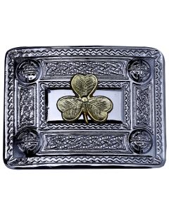 Shamrock Kilt Belt Buckle Chrome with Golden Badge