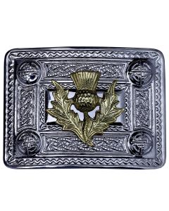 Thistle Kilt Belt Buckle Chrome with Golden Badge