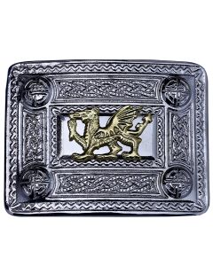 Welsh Dragon Kilt Belt Buckle Chrome with Golden Badge