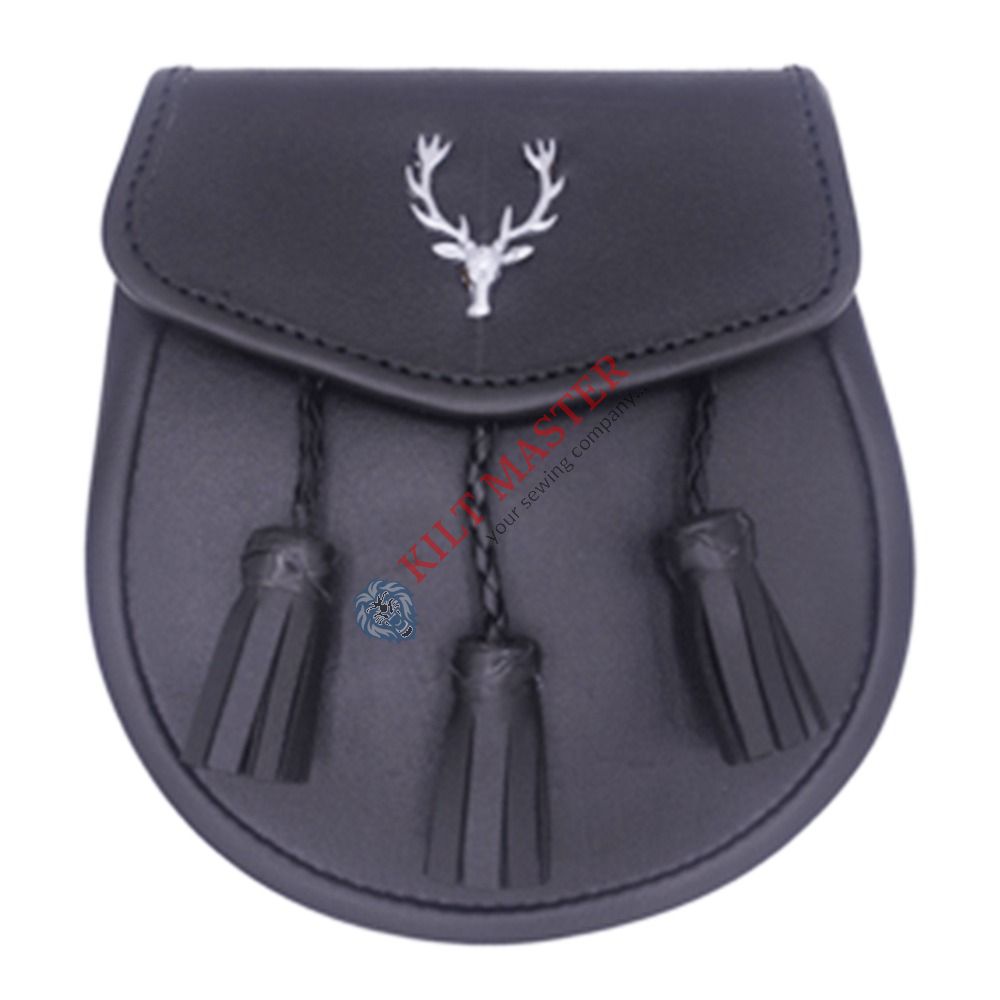 Black Classic Stag Head Genuine Leather Sporran Front