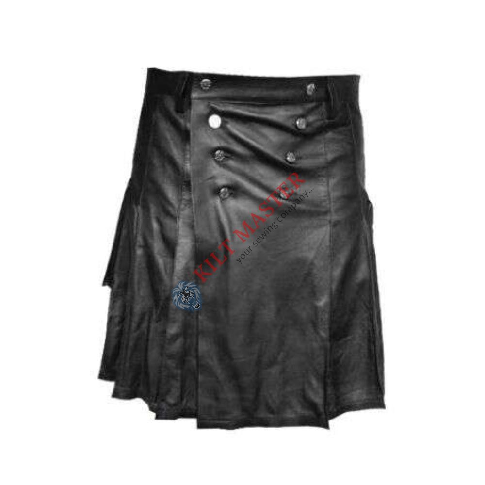 Black Ample Pleated Leather Kilt