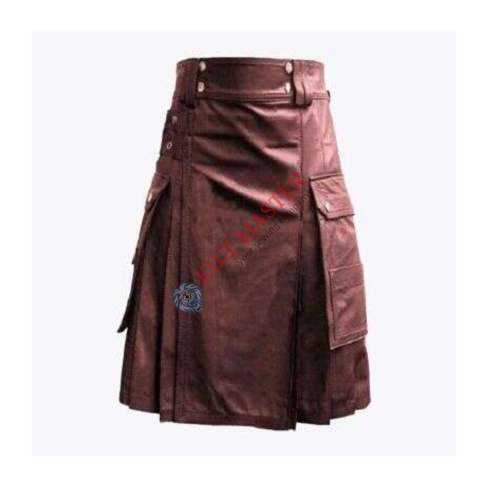 Cargo Pockets Dark Brown Leather Kilt