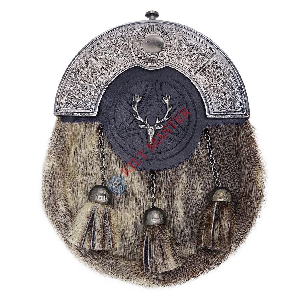 Chrome Cantle Seal Skin Sporran with Stag Head Front