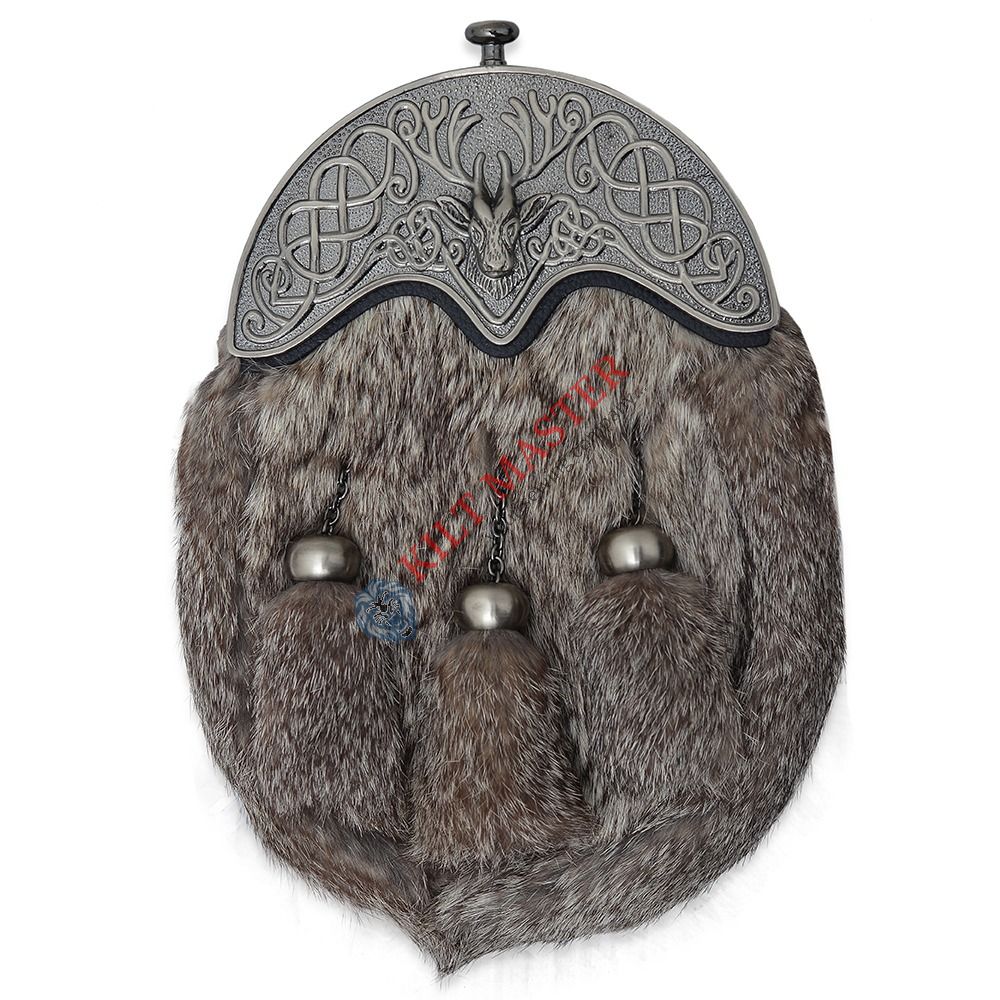 Full Dress Chrome Plated Stag Cantle Gray Rabbit Fur Sporran Front
