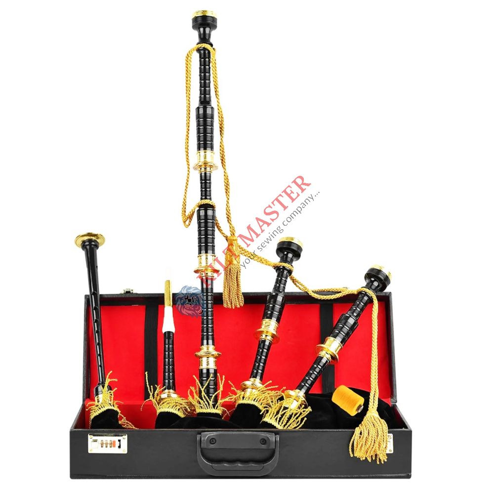 Premium Black Finish Highland Bagpipe with Golden Engraved Mounts