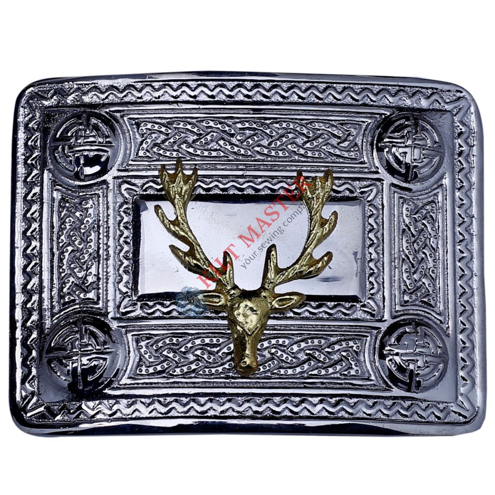 Stage Head Kilt Belt Buckle Chrome with Golden Badge