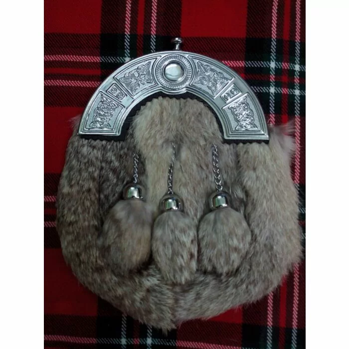 Full Dress Kilt Sporran Grey Rabbit Fur Celtic Cantle/Scottish Kilt Sporrans