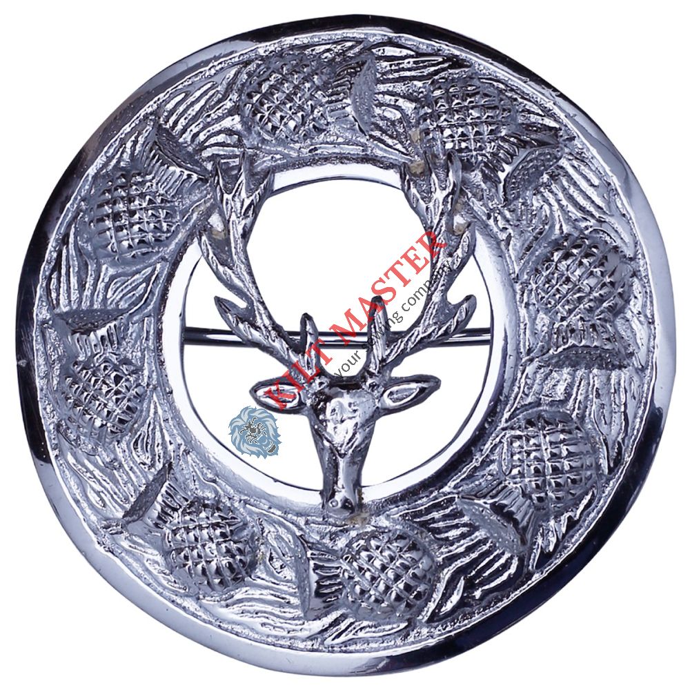 Stag Head Kilt Fly Plaid Brooch Front