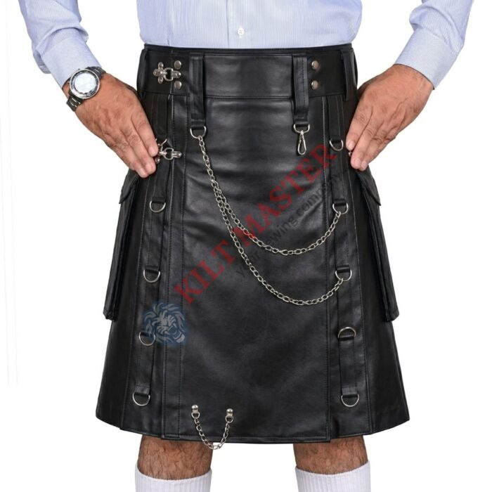 Gothic Black Leather Utility Kilt for Men