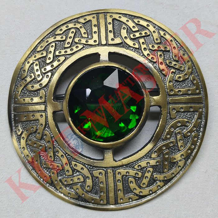 Antique Green Stone Scottish Kilt Fly Plaid Brooch