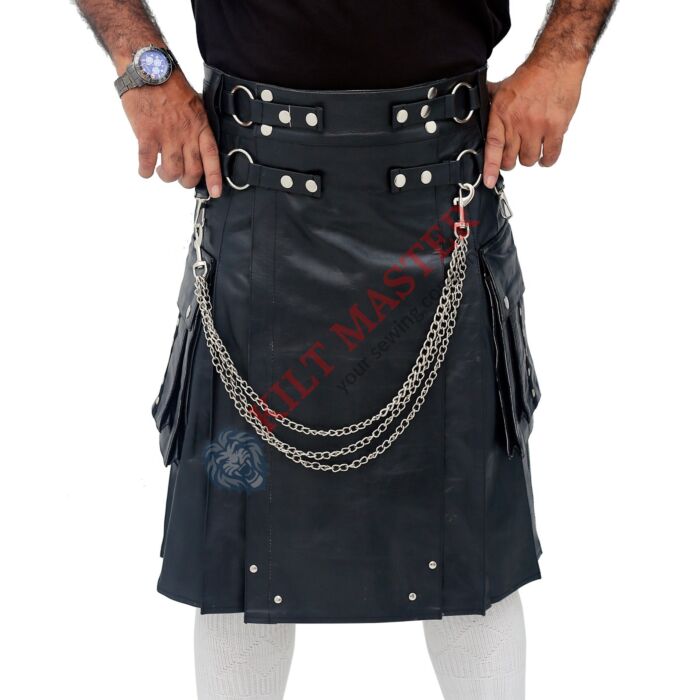 Premium Black Leather Gothic Utility Kilt